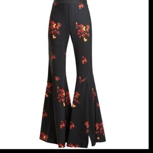 Ellery Floral Crepe Higher & Higher Front Slit Wide Leg Flared Trouser Black 28